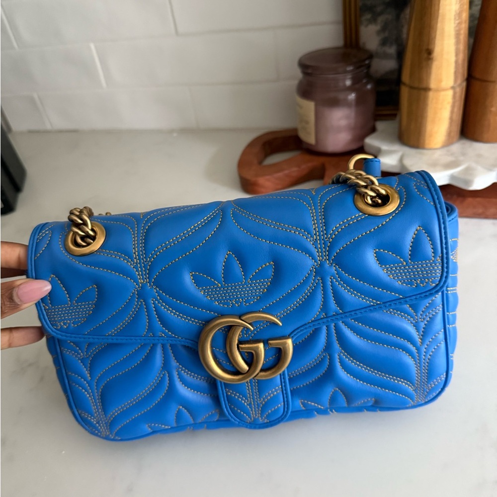 Gucci Blue Quilted Shoulder Bag with Gold Accents